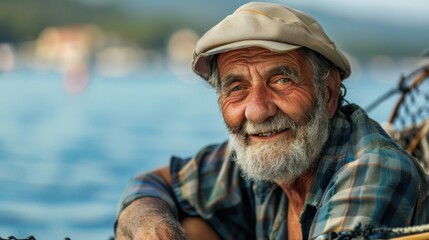 Fototapeta premium Experienced fisherman surrounded by ropes and nets. A compelling image of a maritime worker in a stormy, industrial setting, evoking themes of resilience, struggle, and wisdom. 