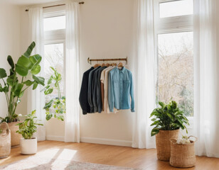 Spring cleaning and decluttering – neatly folded clothes, open windows with white curtains blowing in the breeze, and houseplants thriving in the fresh air.