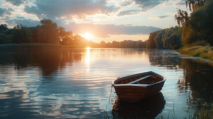 Scenic fjord landscape with a wooden boat floating on crystal-clear water. A tranquil, breathtaking view highlighting the beauty of nature, solitude, and Nordic scenery.