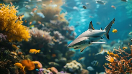 Fototapeta premium Dynamic view of multiple sharks moving through an underwater ecosystem. A thrilling oceanic perspective emphasizing the beauty and danger of marine wildlife, great for travel, nature, and documentary 