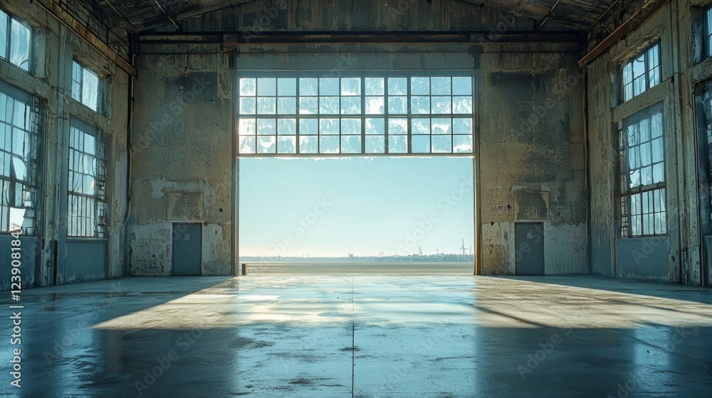 Aufkleber sunlight pours through the large open doors of an empty warehouse, casting soft reflections on the p