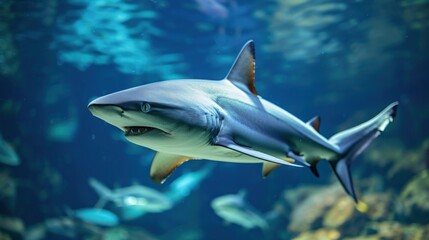 Obraz premium Dynamic view of multiple sharks moving through an underwater ecosystem. A thrilling oceanic perspective emphasizing the beauty and danger of marine wildlife, great for travel, nature, and documentary 