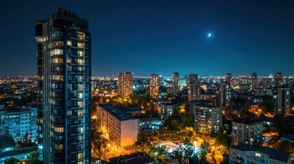 Night cityscape illuminated buildings city skyline