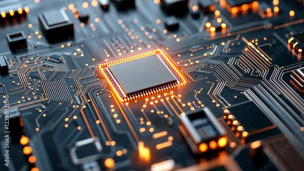Poster close-up view of a glowing microchip on a detailed circuit board with intricate connections