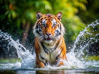 Majestic Tiger Emerging from River, Shaking Water, Wildlife Photography
