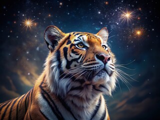 Majestic Tiger Gazing at Night Sky: Serene Wildlife Low Light Photography