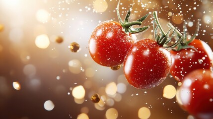 A close-up view of fresh cherry tomatoes on their vine, glimmering with a touch of sparkle, set against a beautifully blurred bokeh background that enhances their appeal.
