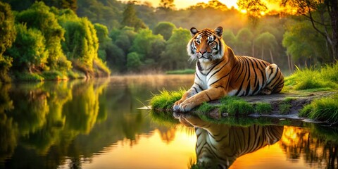 Majestic Tiger Guardian: Aerial View of Serene River Reflection