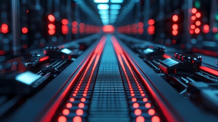 A futuristic data center with illuminated pathways and rows of servers, featuring a high-tech ambiance with red and blue lights.
