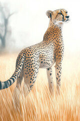 Obraz premium Artistic illustration of a cheetah standing in tall grass with a soft background.
