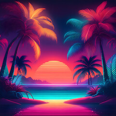 Illustration of a tropical background in neon light in retro style