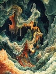 Abstract layered cave formation with stalactites in earthy tones and flowing lines
