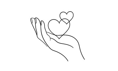 Hand with hearts continuous line art drawing isolated on white background. Charity and help. Vector illustration