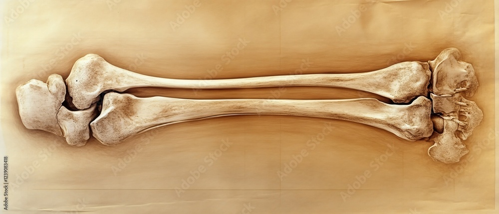Poster two skeletal bones on a light brown background showing anatomical structure and texture detail