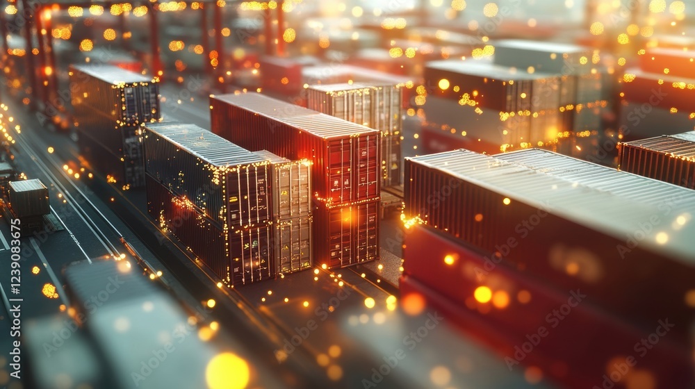 Poster shipping containers stand ready for loading at a bustling port. illuminated by the glow of lights. s