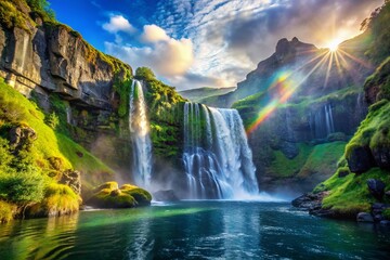 Majestic Waterfall Cascading Down Rocky Mountain Cliffs into Serene Lake - Stunning Nature Photography