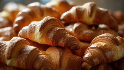 Fresh croissants stacked on a wooden table in a bakery during morning hours