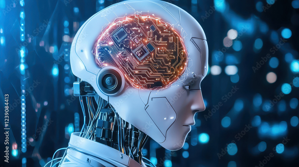 Poster robot head with circuits and glowing brain, showcasing technology and innovation