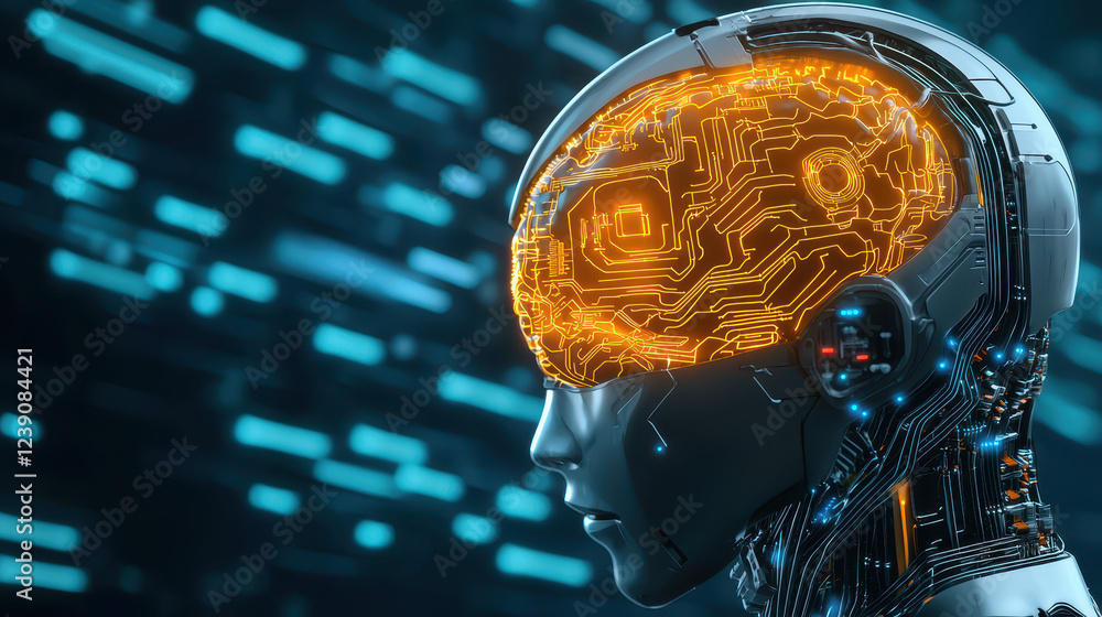 Poster futuristic robot head with glowing brain circuits, showcasing advanced technology and innovation