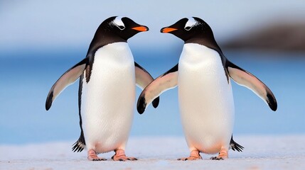 Fototapeta premium Two charming penguins stand facing each other on a sandy beach, showcasing their distinctive black and white plumage and bright orange beaks.