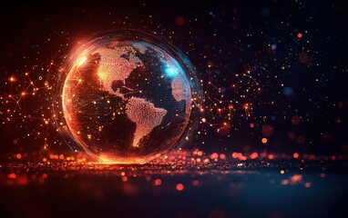Fototapeta premium A symbolic global health response visual, with glowing shields surrounding cities on a digital globe. Animated lines connect countries, emphasizing international cooperation in pandemic management 