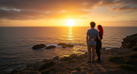 Sunset Romance:  A loving couple stands on a cliff overlooking the vast ocean, silhouetted against a breathtaking sunset.  The warm glow of the setting sun paints the sky in vibrant hues.