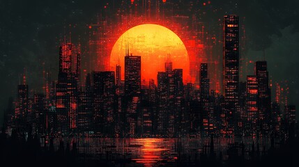 Fototapeta premium Cyberpunk Cityscape: Glowing Metropolis at Sunset