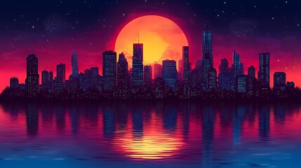 Fototapeta premium Cityscape Silhouette at Sunset: Vibrant Retro Art