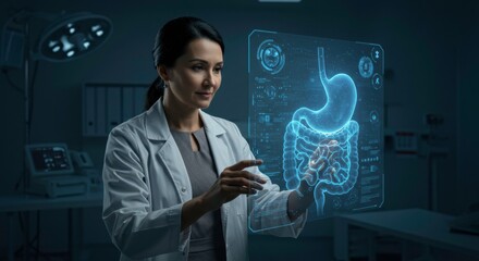 Innovative Healthcare: A female doctor uses a holographic interface to visualize and interact with the human digestive system.