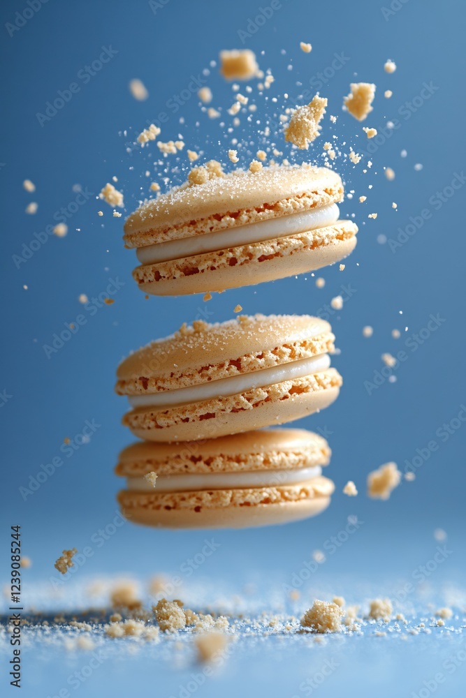 Poster stacked macarons with falling crumbs against a blue background creating a dynamic food scene