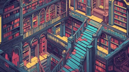 Obraz premium A Multilevel Library With Intricate Architecture and Bookshelves
