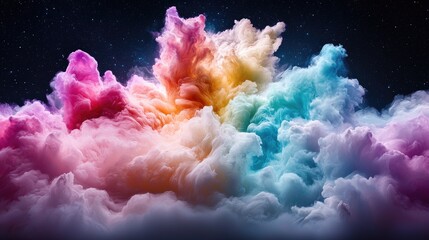 Colorful smoke explosion against night sky; abstract art for design