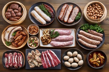 Assorted Asian Meats Sausages and Snacks Delicious Food Variety Overhead Shot
