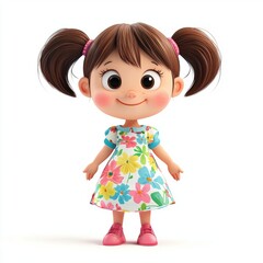 Happy little girl with pigtails, wearing a floral dress, looking joyful and playful, isolated on white background