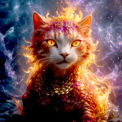 Magical feline: The image presents a captivating, luminous cat with radiant, multicolored fur set against a cosmic, ethereal backdrop, evoking a sense of magic and fantasy.
