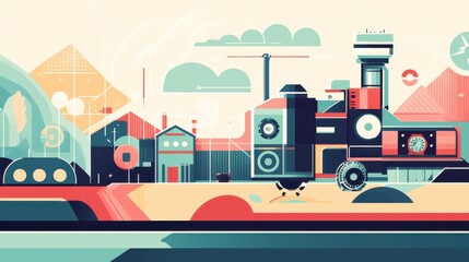 Abstract Geometric Cityscape Featuring Industrial Machinery