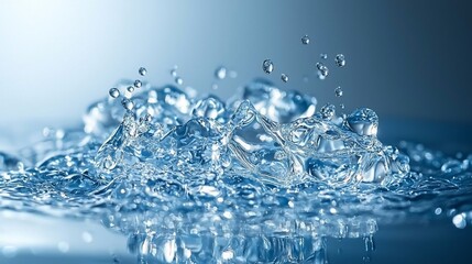 Water splash, droplet impact, reflection, blue background, purity concept