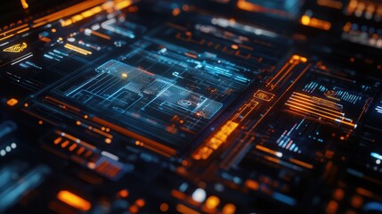 Obraz premium Futuristic interface featuring glowing blue and orange lines. Emphasizing data flow and complex algorithms within a dark environment