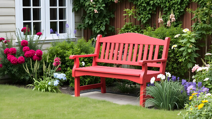 Obraz premium A red bench sits in a lush garden with flowers and plants surrounding it