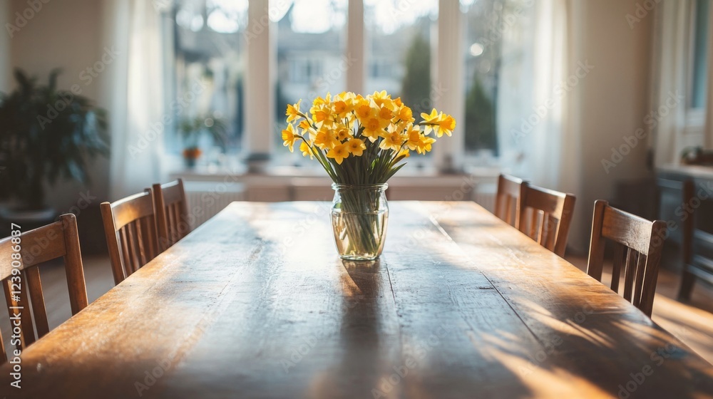 Poster A tidy dining area is enhanced by a vase of vibrant yellow flowers placed on a rustic wooden table. Sunlight streams through large windows, illuminating the warm and inviting space.
