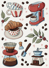 set of coffee illustration icons, stickers for a coffee shop, tea, cups, coffee machine, coffee beans, tea, pastries, croissant, brewing coffee grinder, illustration on a cream white background