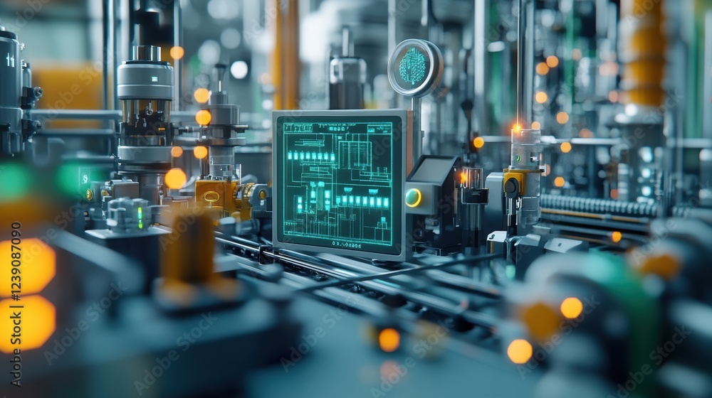 Poster futuristic automated production line with illuminated control panel showing brain icon, symbolizing 