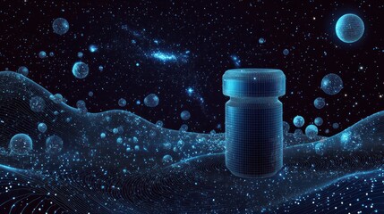 Futuristic medicine bottle in space landscape.