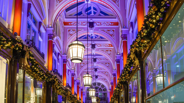 London, United Kingdom - November 25, 2024: Vibrant Christmas decoration and illumination of The Royal Arcade in Mayfair