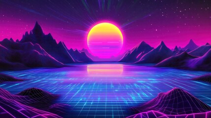 Synthwave sunset over a tranquil, gridded lake and mountains.