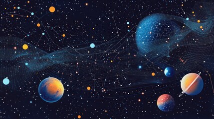 Fototapeta premium Abstract cosmic artwork depicting planets, stars, and nebulae connected by glowing lines.