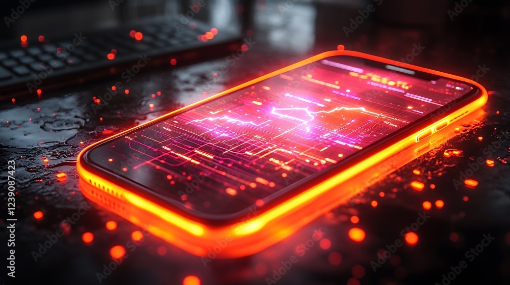 Poster neon smartphone: glowing data streams and dynamic chart