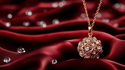 An intricately designed golden pendant with shimmering jewels rests on sumptuous red silk, presenting an exquisite composition that enhances elegance and luxury.