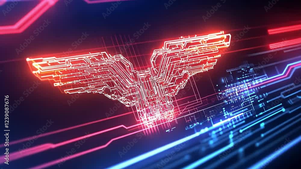 Poster digital neon wings design featuring circuit patterns in a futuristic style