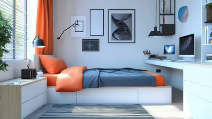 Inviting workspace and sleeping area in a teen's room.